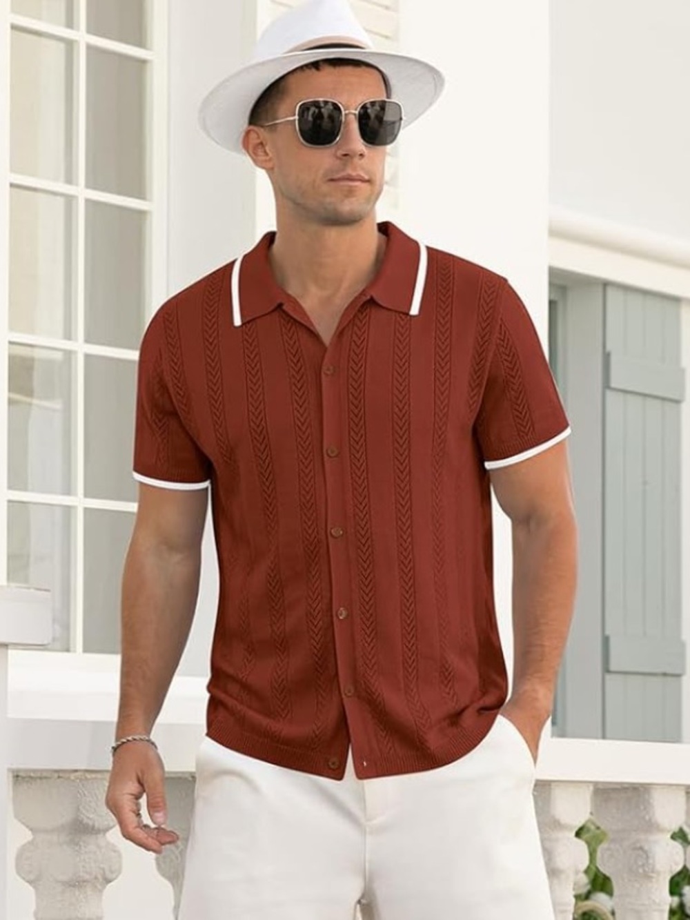Men's Vintage Style Casual Polo Shirt - Rust with White Trim Size Small